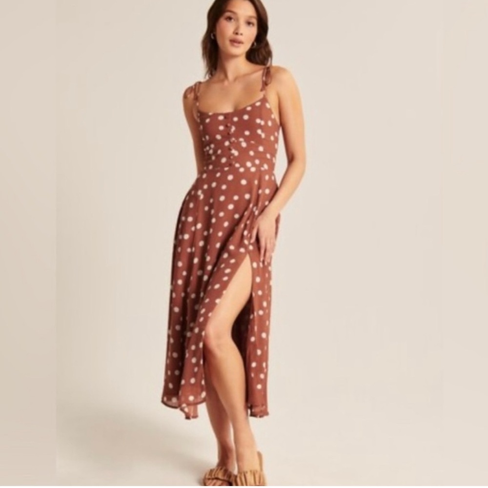 Abercrombie & Fitch Polka Dot Midi Dress in Brown and White